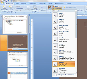 PowerPoint: Im Menü werden verschiedene Schriftarten zur Auswahl angezeigt